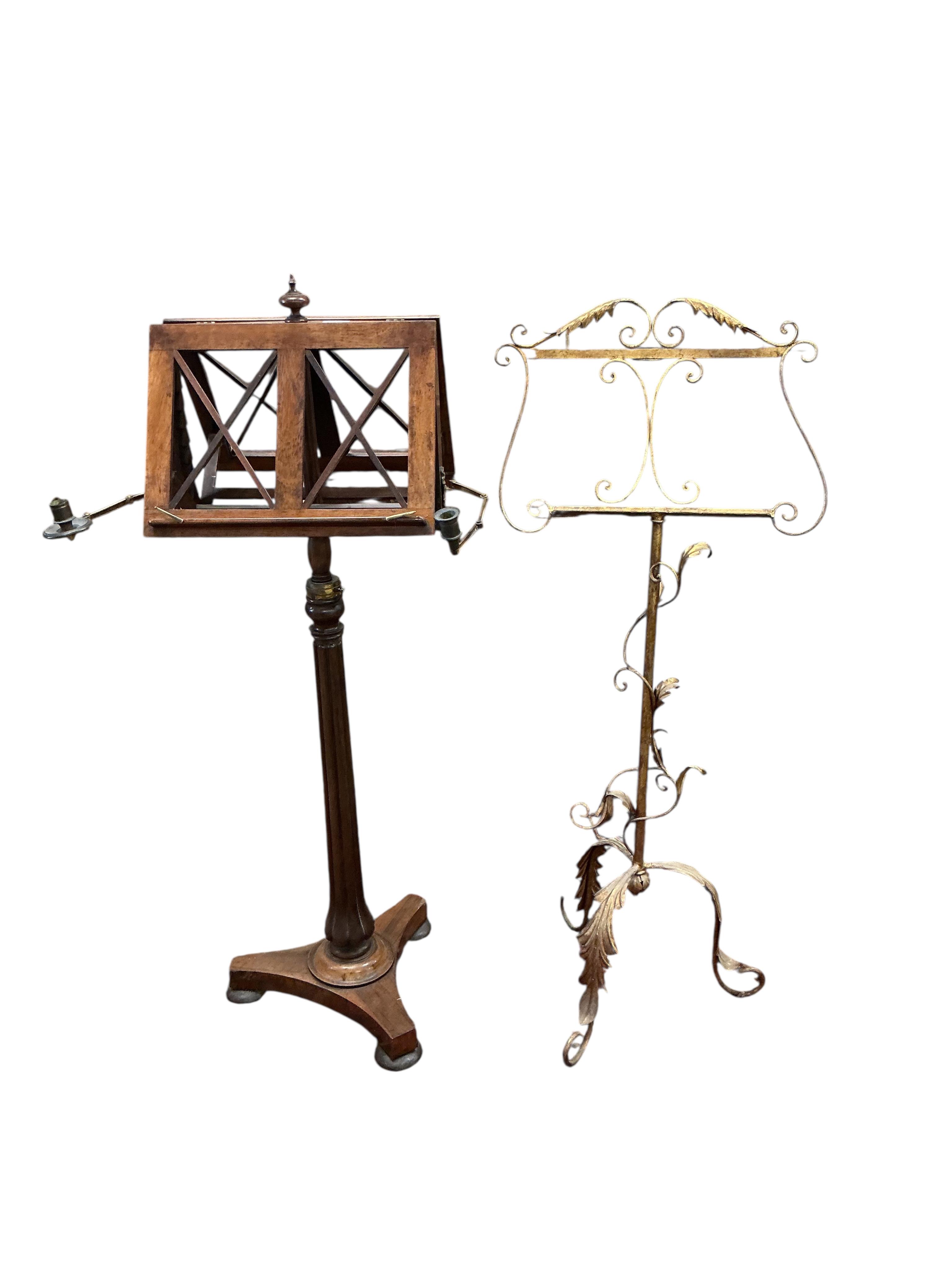 An early Victorian rosewood duet music stand together with a gilt painted wrought iron music stand